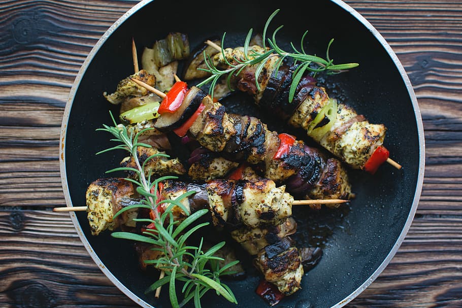 chicken skewers, pan, Chicken, Skewers, hungry, kitchen, meat, table, food, grilled