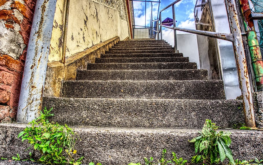 stairs, rise, gradually, railing, staircase, building, historic building, industrial building, factory building, hdr