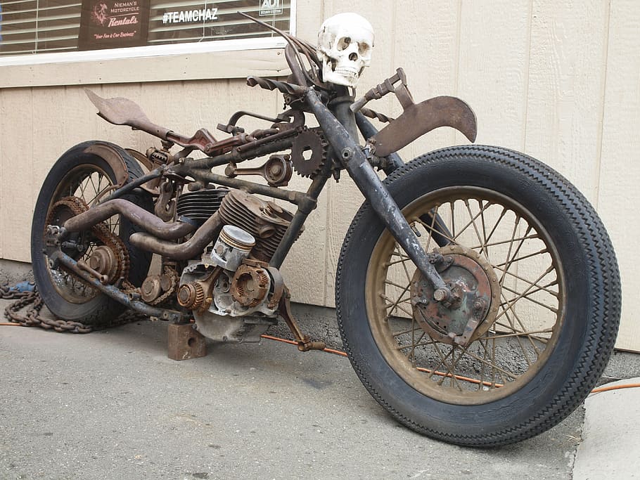 gray, brown, steampunk-themed motorcycle, parked, building, daytime, motorcycle, harley davidson, two wheeled vehicle, motorcycle engine
