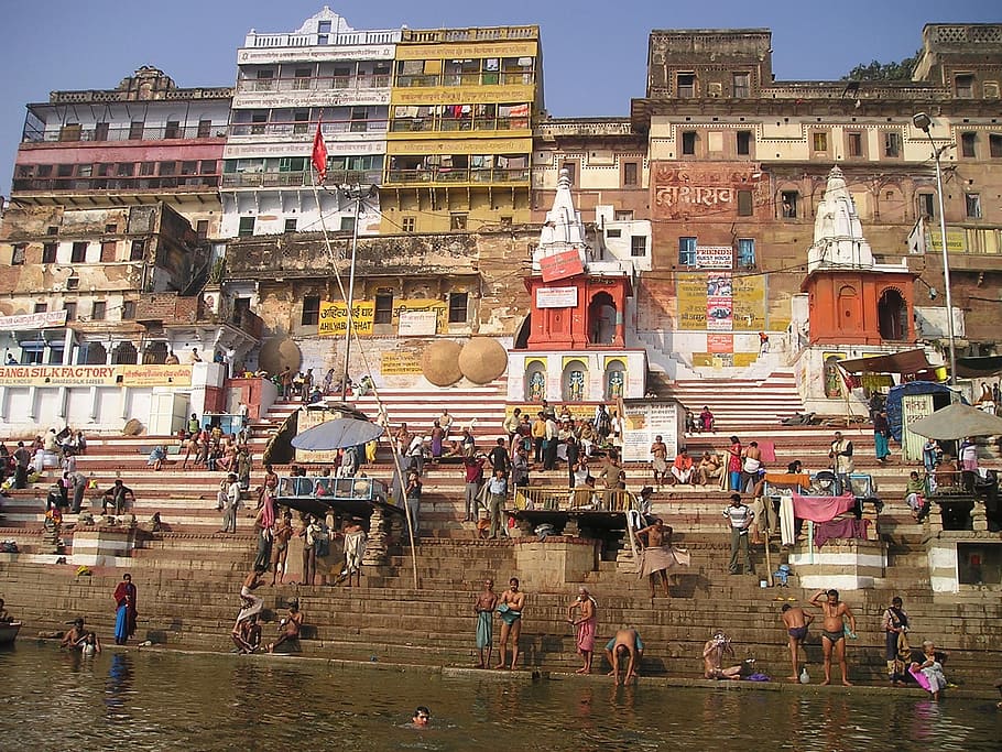 people, standing, sitting, concrete, stairs, body, water, India, Ganges, Holy, River