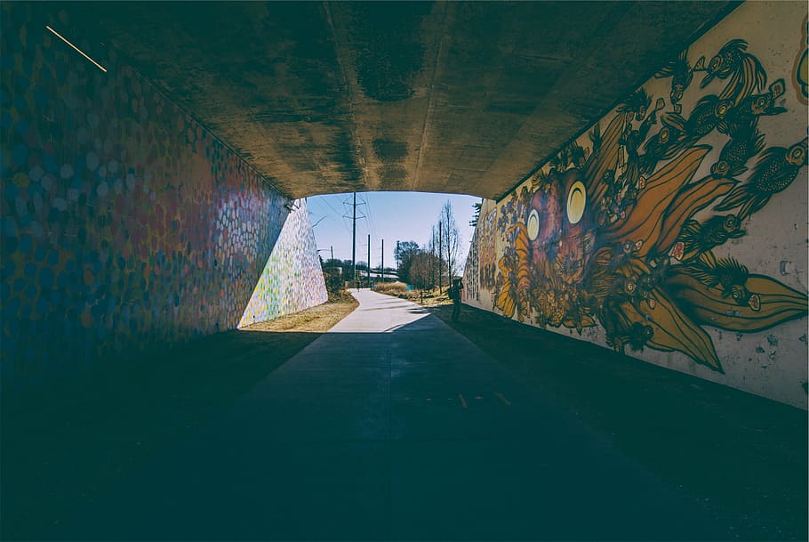 túnel con graffiti, pared, pintura, arte, túnel, graffiti, pintura en aerosol, camino, arquitectura, estructura construida