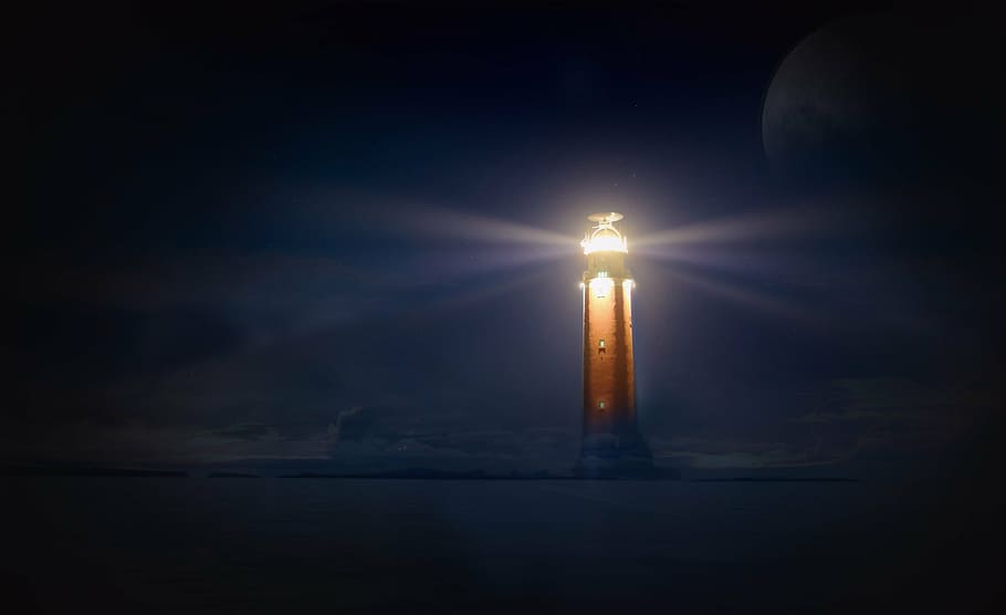 ligted lighthouse tower, lighthouse, glow, night, sea, photo montage, atmospheric, darkness, light, rays