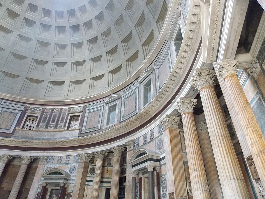pantheon, italy, rome, architecture, roman, monument, cupola, built structure, low angle view, dome