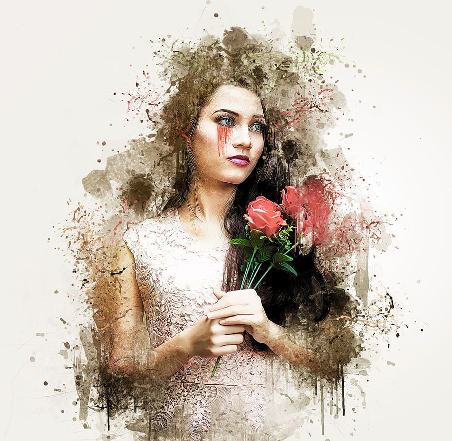 female, wearing, pink, floral, dress, holding, flowers artwork, gothic, fantasy, dark