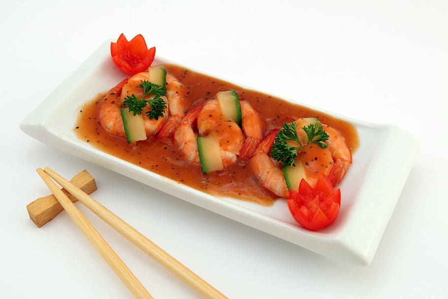 shrimp, sauce, rectangular, white, ceramic, tray, pair, brown, chopsticks, japanese