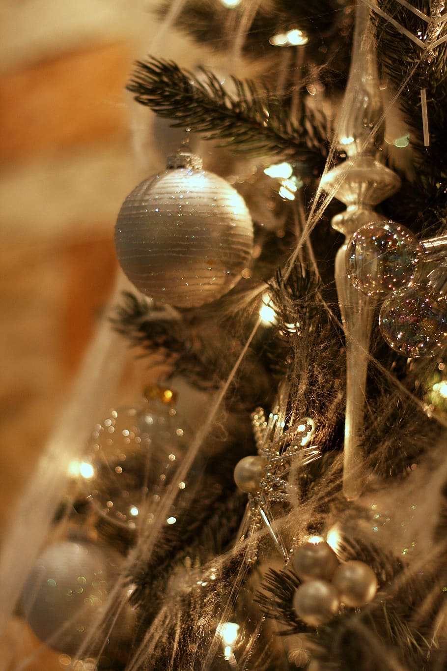 christmas tree, baubles, lighted, string lights, christmas, tree, ornament, silver, holiday, christmas trees