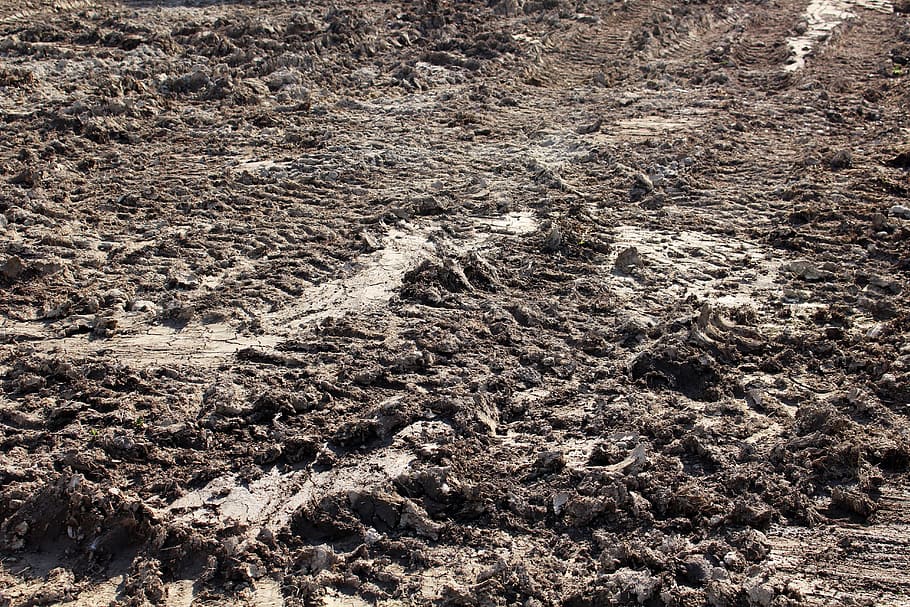 mud, land, ground, brown, track, tractor, dirt, farm, earth, soil