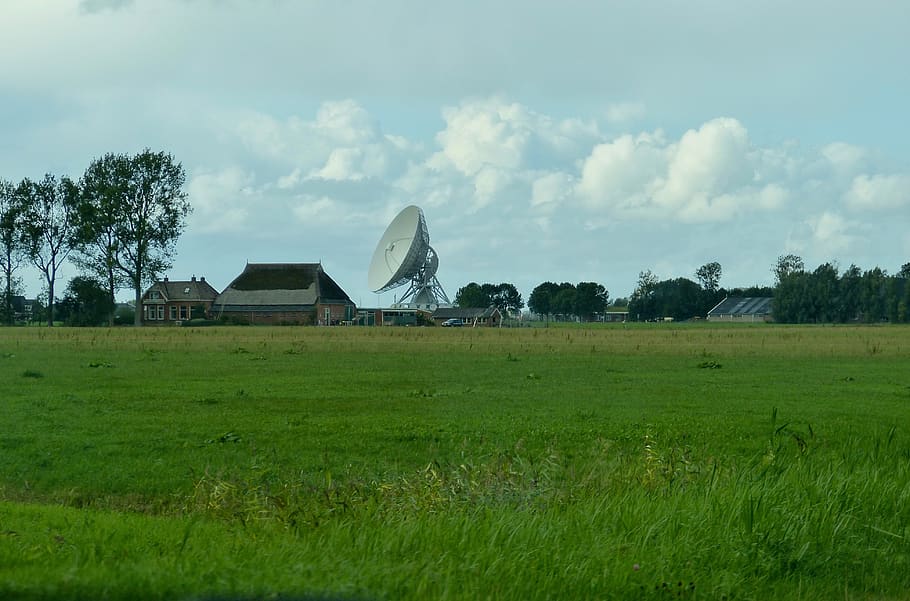 landscape, holland, radio bowl, earth station, satellite dish, sky, netherlands, rural, clouds, houses