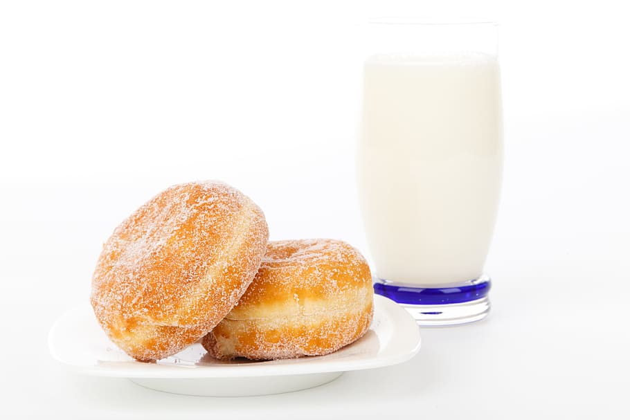 milk, clear, two, doughnuts, in clear, drinking, glass, breakfast, bun, cake