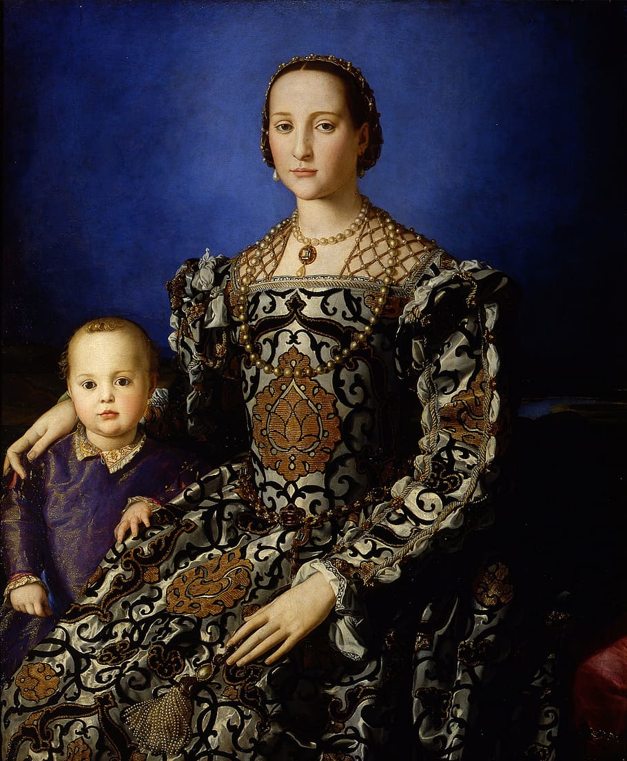 painting woman, boy, wearing, dress, eleanor of toledo, woman, child, mother, painting, oil canvas