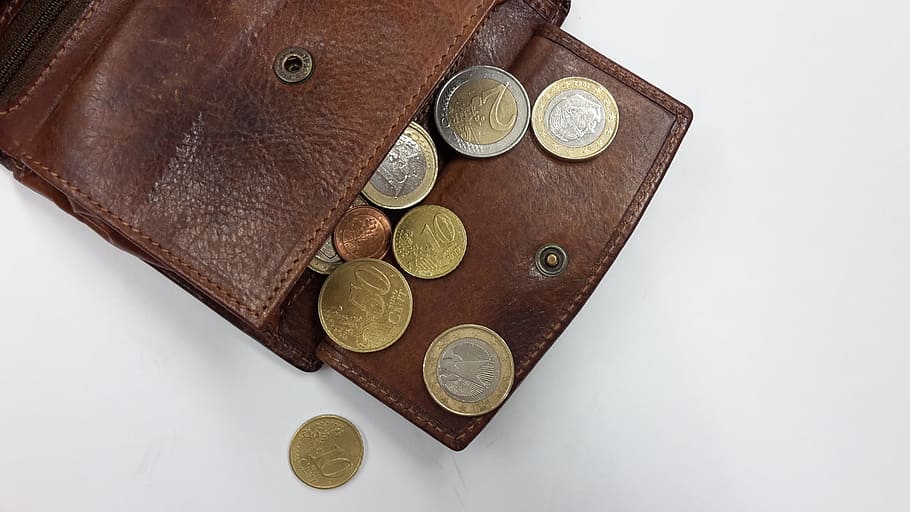 茶色, 革の財布, コイン, 白, 表面, 財布, お金, ユーロ, 通貨, ゆるやかな変化