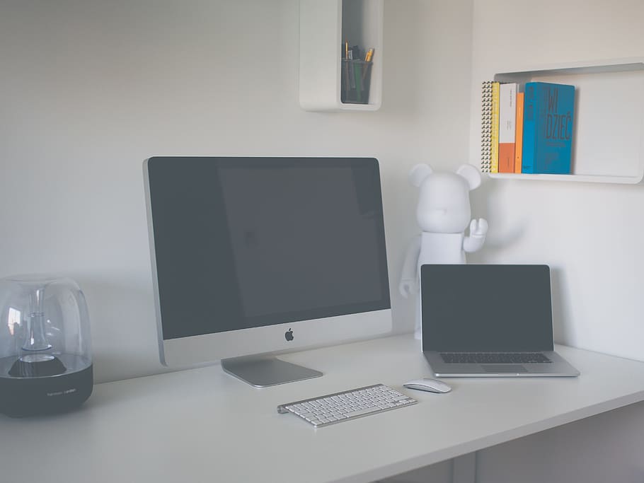 silver imac, apple, wireless, keyboard, macbook, pro, desk, computer, imac, computer desk