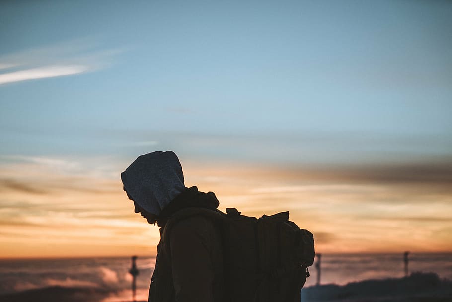 silhouette of man, sky, cloud, sunset, outdoor, travel, people, man, hiking, guy