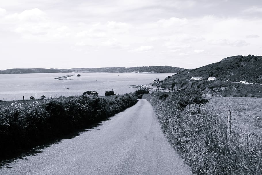 águas, costa, mar, paisagem, natureza, devon, britannia, baía de plymouth, fotografia preto e branco, porto de motivos b w
