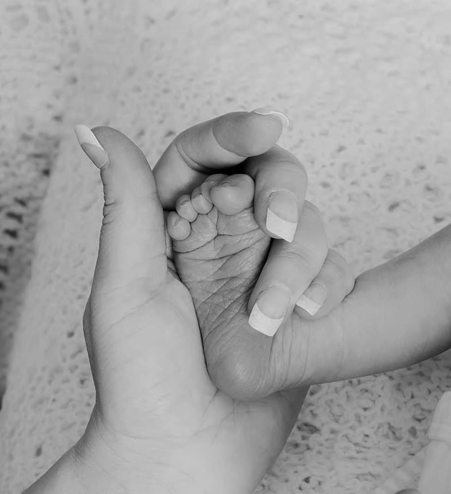 grayscale photography, woman, holding, baby, foot, mother, infant, newborn, mom, together