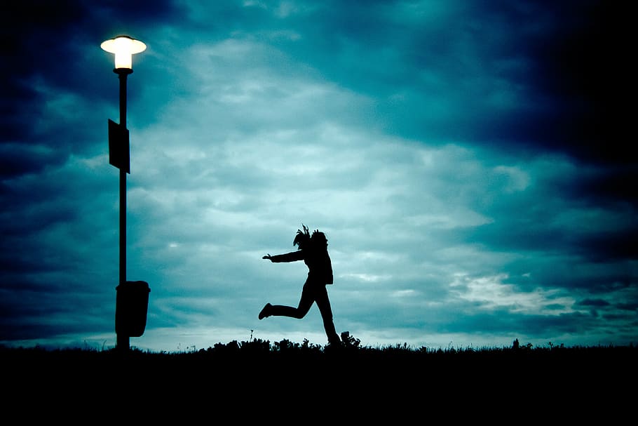 person, standing, street light, girl, at night, running, cloud, silhouette, dom, clouds