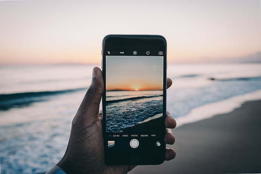 sea, ocean, beach, sunset, wave, mobile, phone, camera, hand, palm