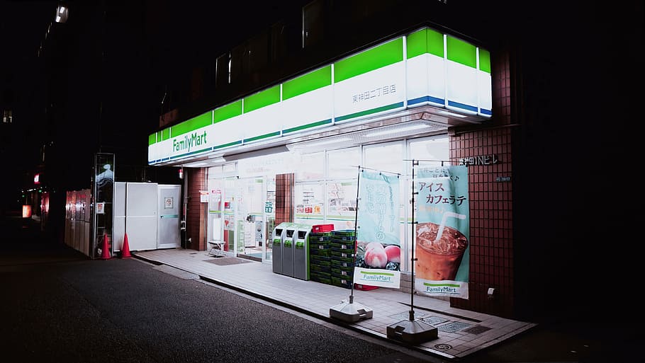 white, green, store building, building, dark, night, convenience, store, shop, lights