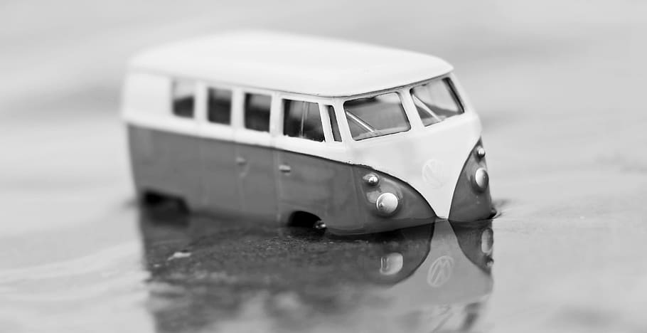 grayscale photography, volkswagen kombi die-cast model, auto, toy car, bus, vw, vehicle, car, transport, vw bus