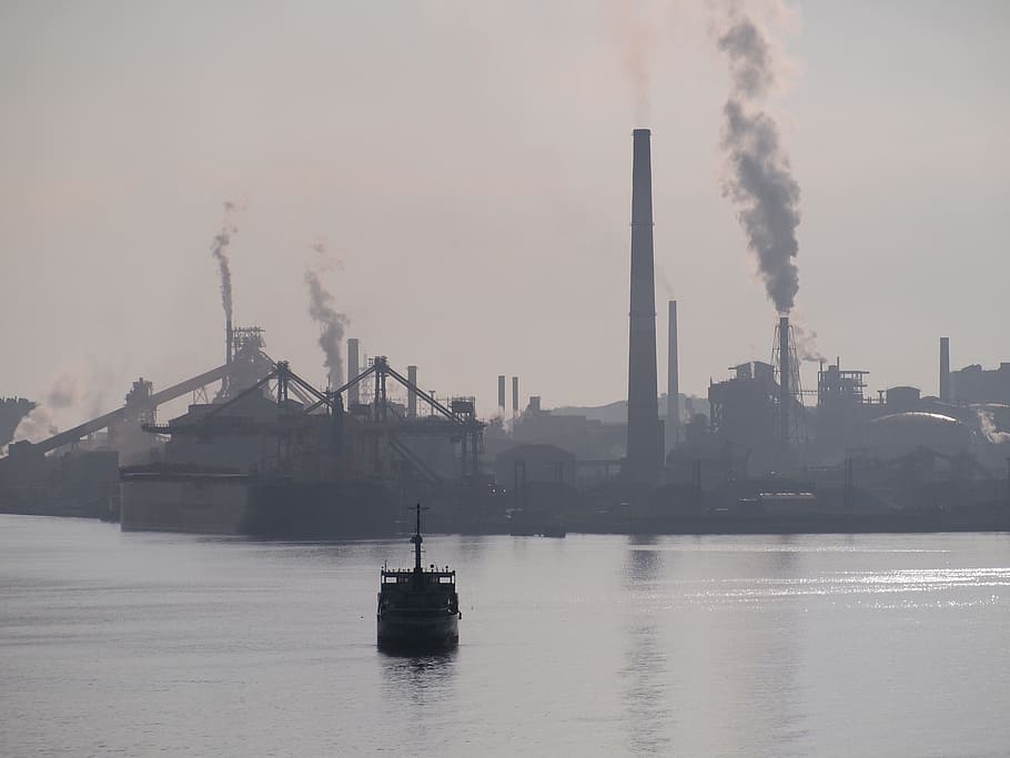 grayscale photo, factories, factory, chimney, muroran, machinery, sea, port, ship, industrial zone