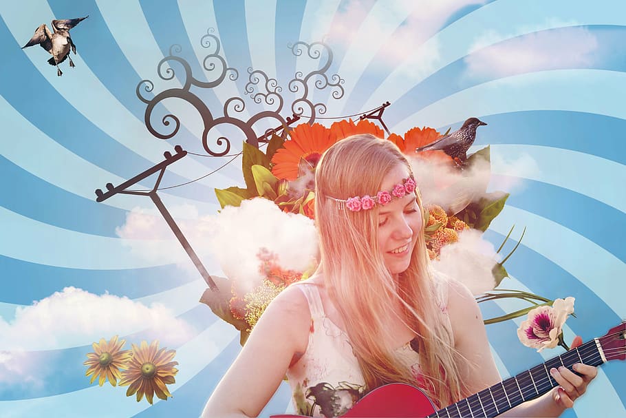 mulher, rosa, floral, touca, tocando, violão, garota guitarrista, música, artista, banda