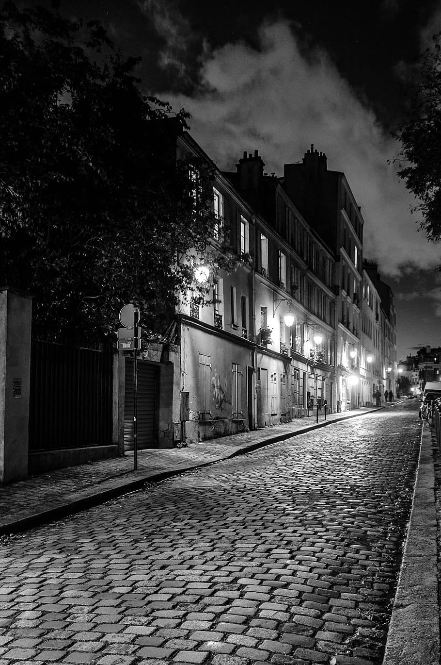 fotografia em escala de cinza, rua, edifícios, beco, remendo, casas, humor, paris, preto e branco, arquitetura