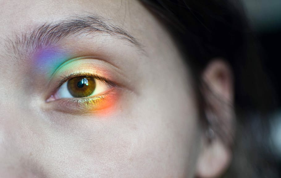 person's left eye, portrait, woman, face, girl, human, close, eyelash, eye, rainbow
