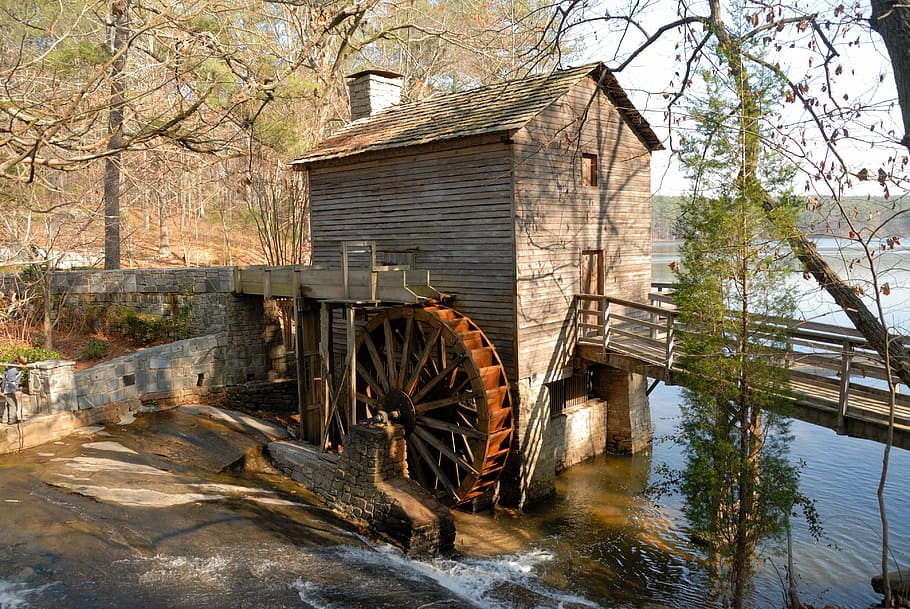 brown, wooden, watermill, bridge, tree, daytime, wooden bridge, grist mill, historic, mill
