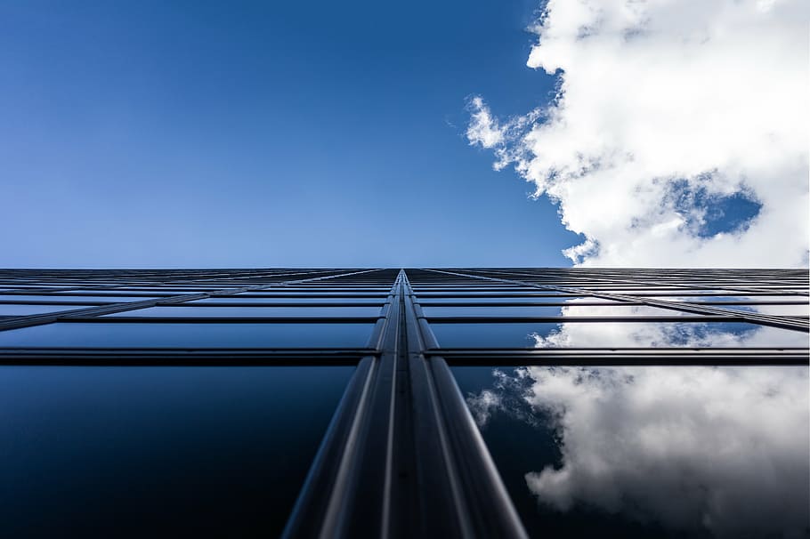 areal photography, body, water, skyscraper, vertical, sky clouds, building, glass building, office, business