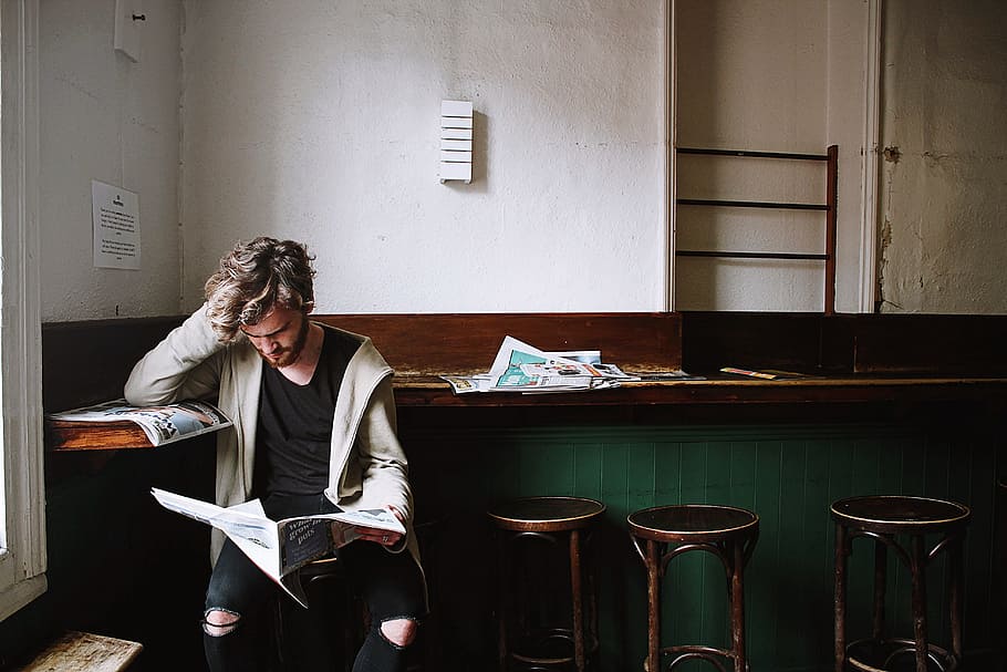 man, leaning, desk, reading newspaper, thinking, people, reading, magazine, newspaper, alone