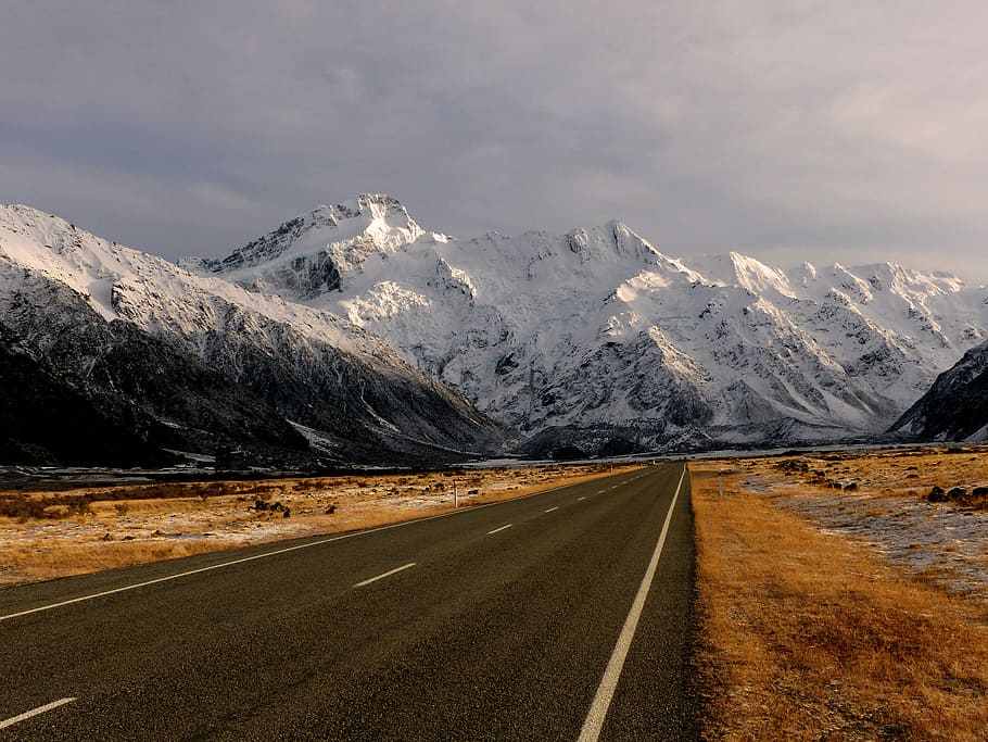 Gunung Sefton, Selandia Baru, pemandangan, fotografi, jalan bebas hambatan, gunung, pegunungan Alpen, jalan, transportasi, arah
