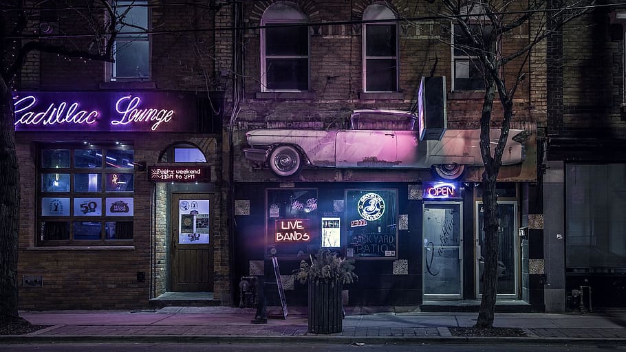 white, gray, concrete, house, buildings, night, urban, neon sign, cadillac lounge, open