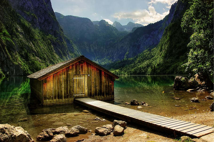 brown, wooden, cabin house, body, water, body of water, königssee, boat house, atmospheric, nature
