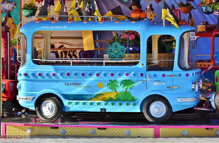 brinquedo de ônibus azul, carrossel, automático, carro infantil, carrossel automático, festival folclórico, mercado do ano, oktoberfest, feira, crianças