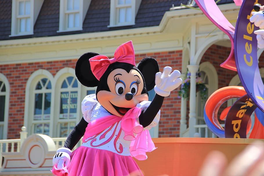minnie mouse mascot, waving, right, minie, disney, mickey, costume, architecture, standing, building exterior