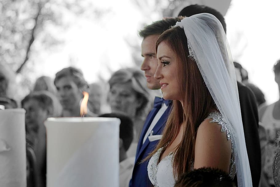 foto, hombre, azul, con muesca, chaqueta de traje de solapa, mujer, blanco, vestido de novia, matrimonio, novia