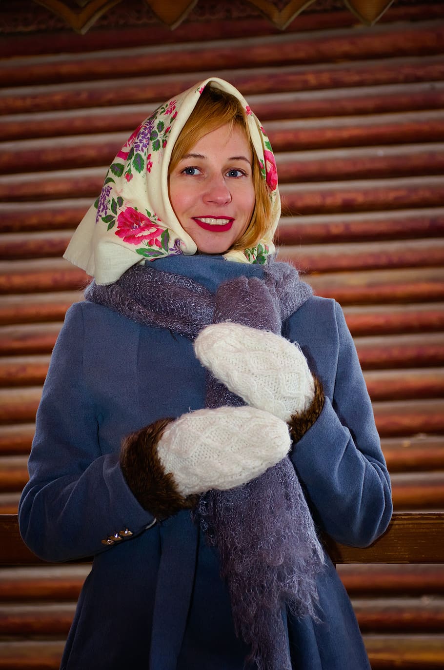 girl, woman, russia, slav, russians, russian folk style, mittens, shawl, winter, cottage