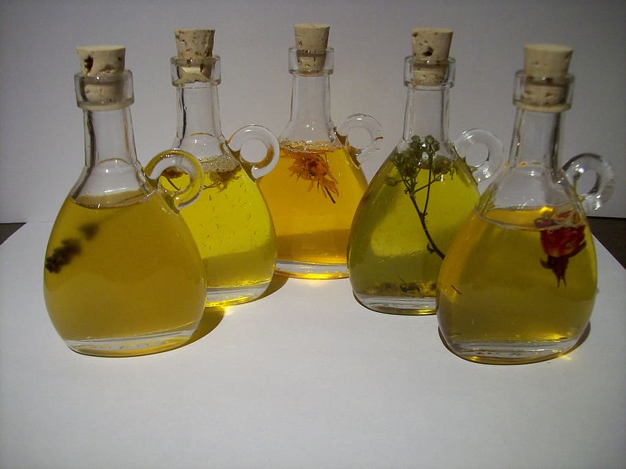 five, olive, oil bottles, oils, essential oil, aromatherapy, aroma, essences, oleolites, indoors