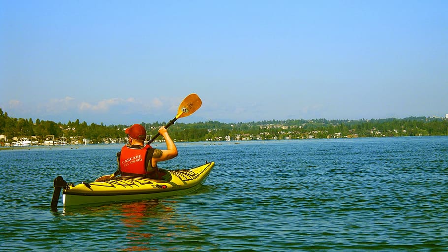 man riding kayak, man, kayaking, body, water, kayak, lake, sunshine, summer, outdoors