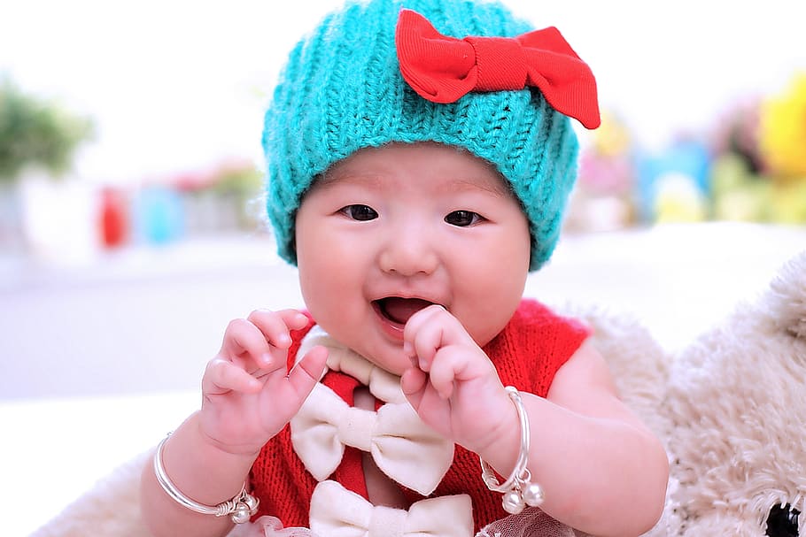 baby, wearing, red, top, blue, knit, cap, paternity, child care, hat