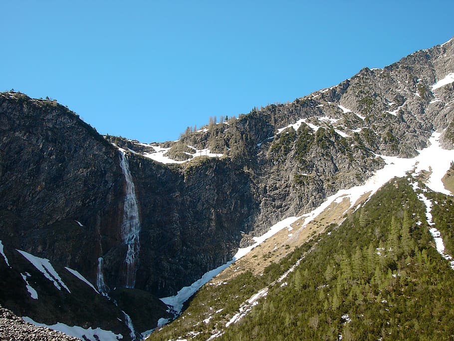 bergaichtwasserfall, choque de rocas, escombros kar, viejos campos de nieve, tannheim, tirol, montaña, cielo, belleza en la naturaleza, cielo despejado