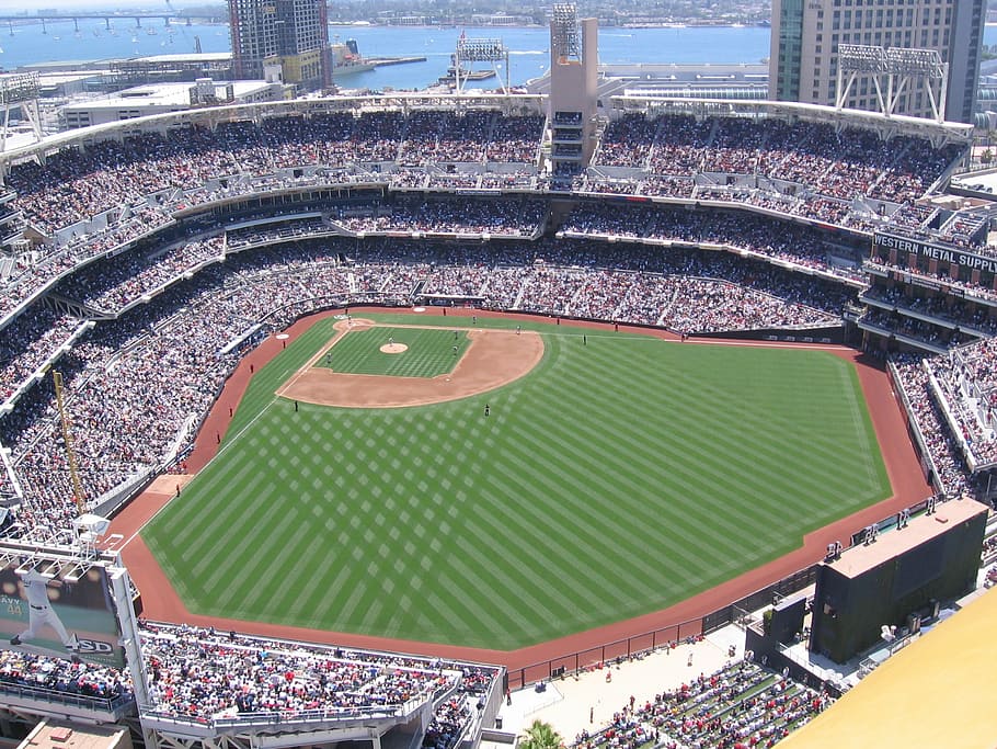 aerial, photography, baseball stadium, baseball, stadium, venue, sports, water, skyline, green