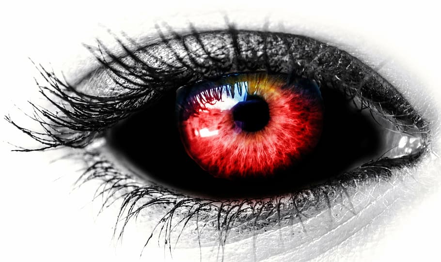 seletivo, cor, vermelho, olho, preto, vermelhos, fêmea, cor vermelha, vampiro, olho humano