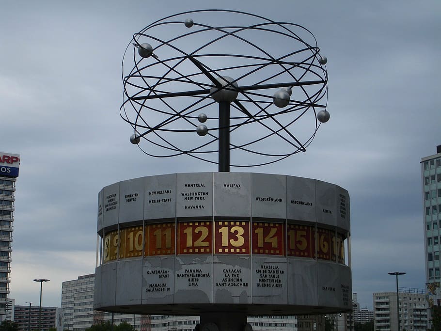 world clock, clock, urania world time, alexanderplatz, berlin, germany, art, artwork, architecture, sky