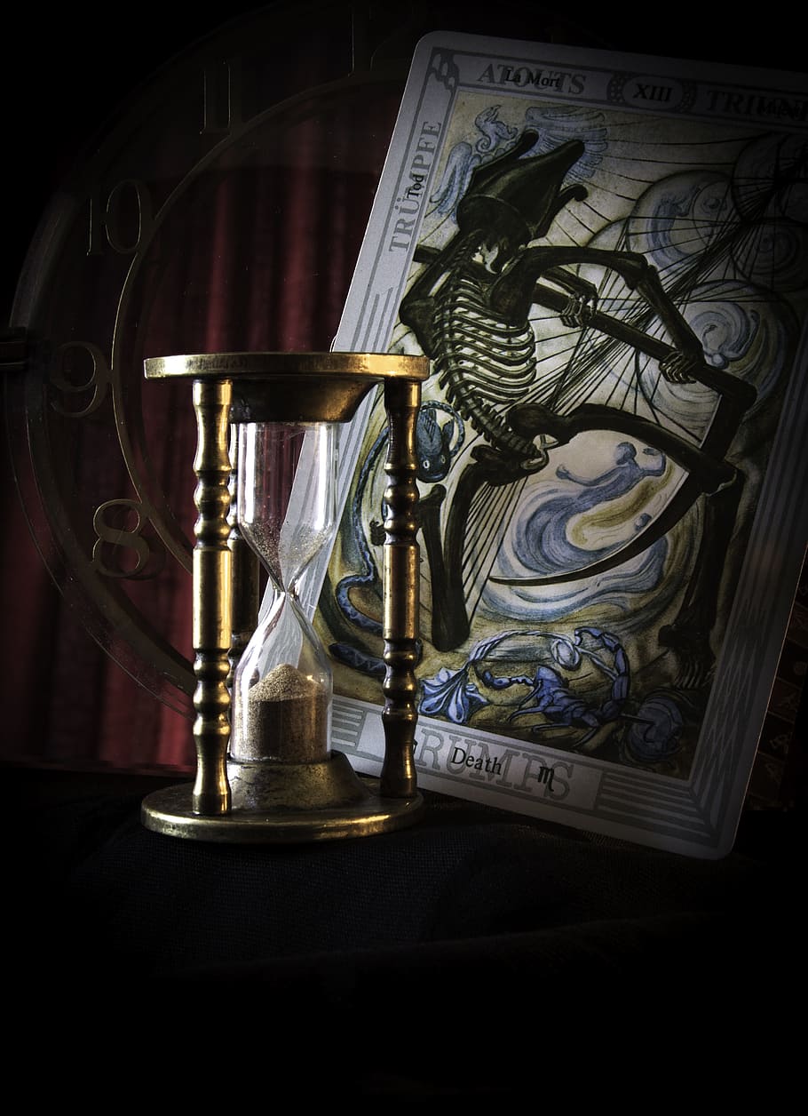 closeup, hour glass, tarot card, Death, Hourglass, Tarot, Clock, sandglass, symbol, fear