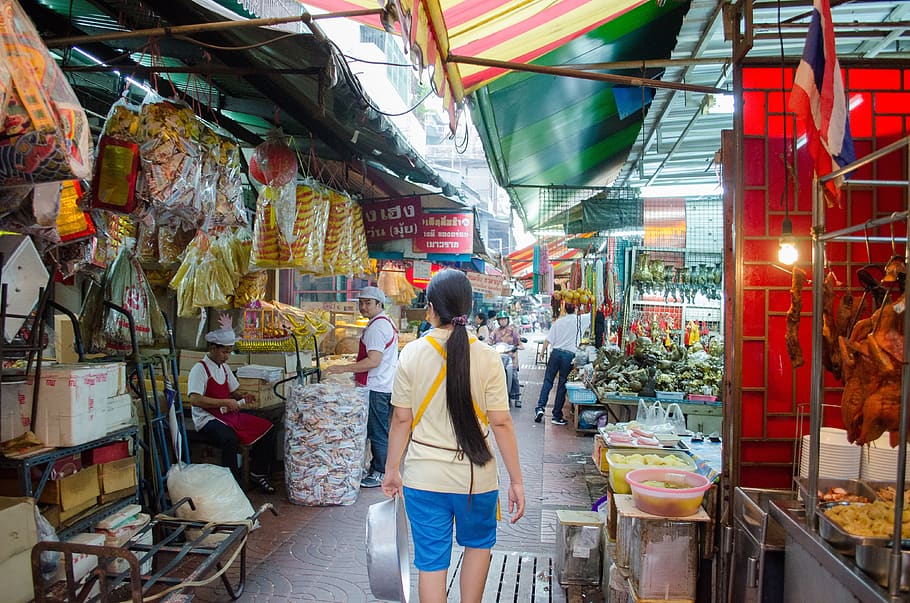 pasar, pecinan, penjualan, jalan, makanan, yaowarat Asia, eceran, orang sungguhan, kios pasar, pilihan