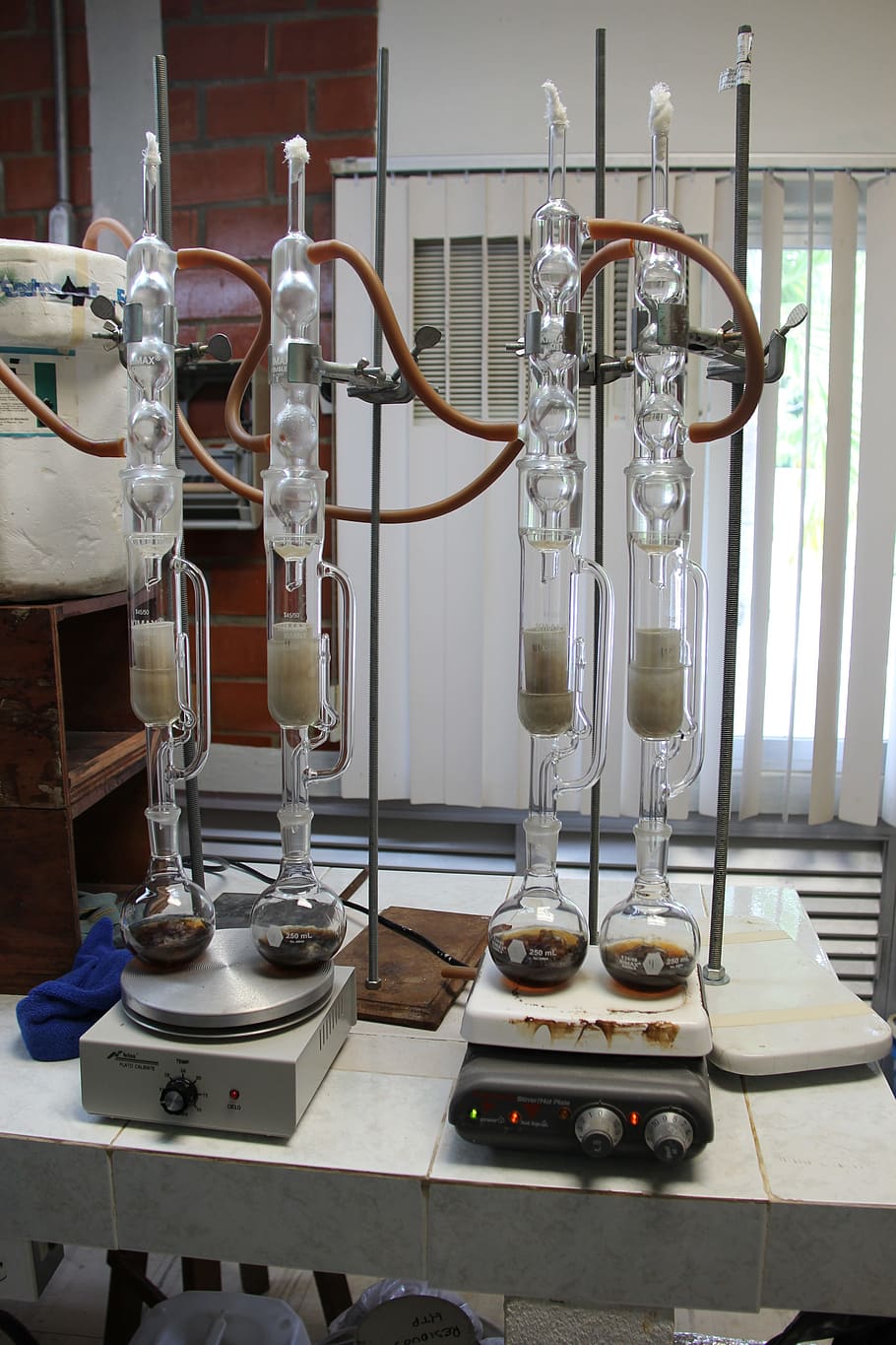 four, clear, glass laboratory equipments, laboratory, experiment, science, chemistry, analysis, research, medical