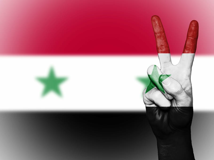 rojo, amarillo, negro, bandera, dos, estrellas, Siria, paz, mano, nación