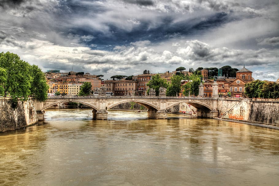 puente de hormigón de color beige, Roma, Tíber, Puente, HDR, arquitectura, puente - estructura hecha por el hombre, río, nube - cielo, estructura construida