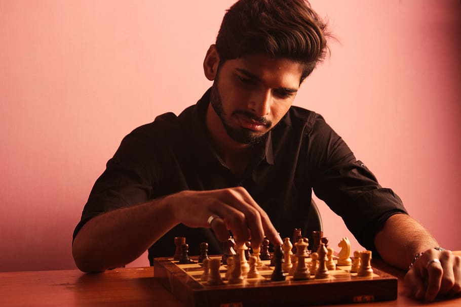 chess, chess player, indoor, lowlight, thinking, male, boy, male model, brain, person